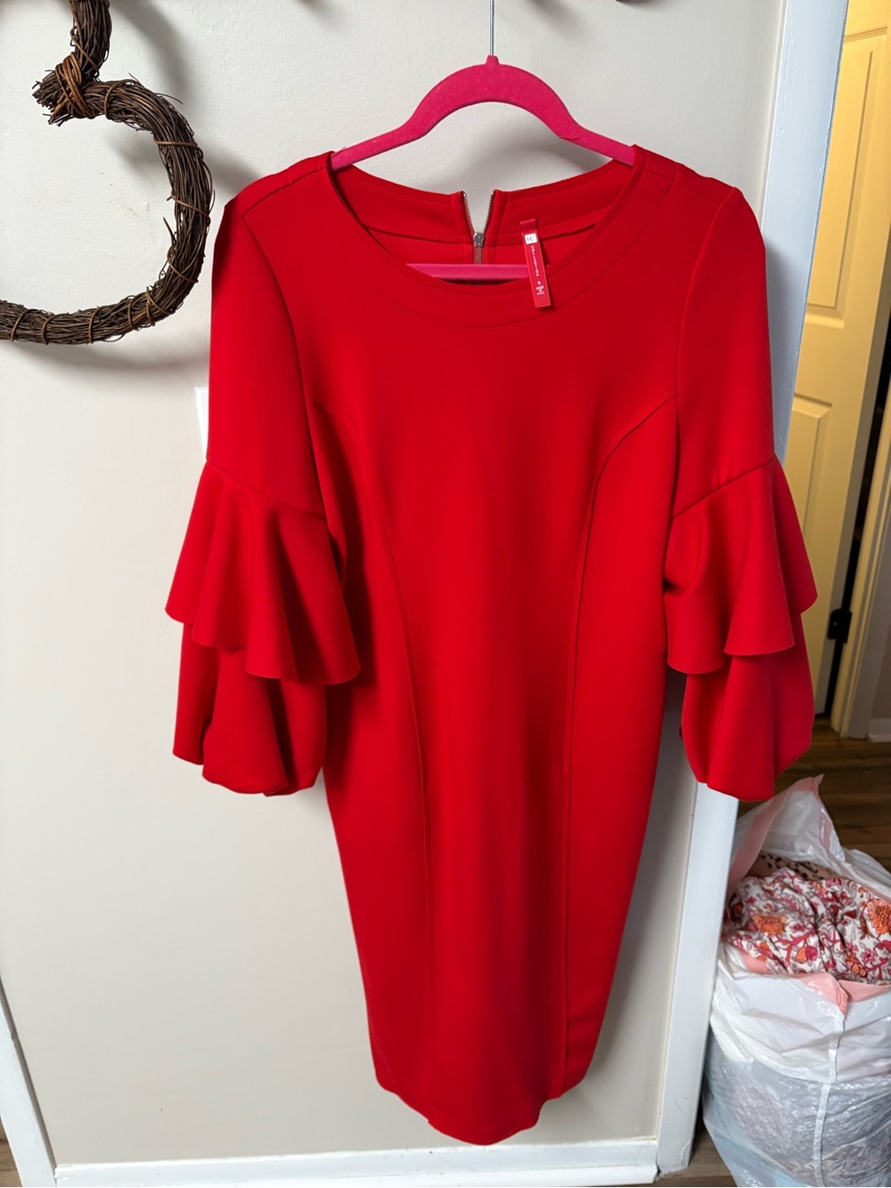 IC COLLECTION Red Ruffle Sleeve Midi Dress